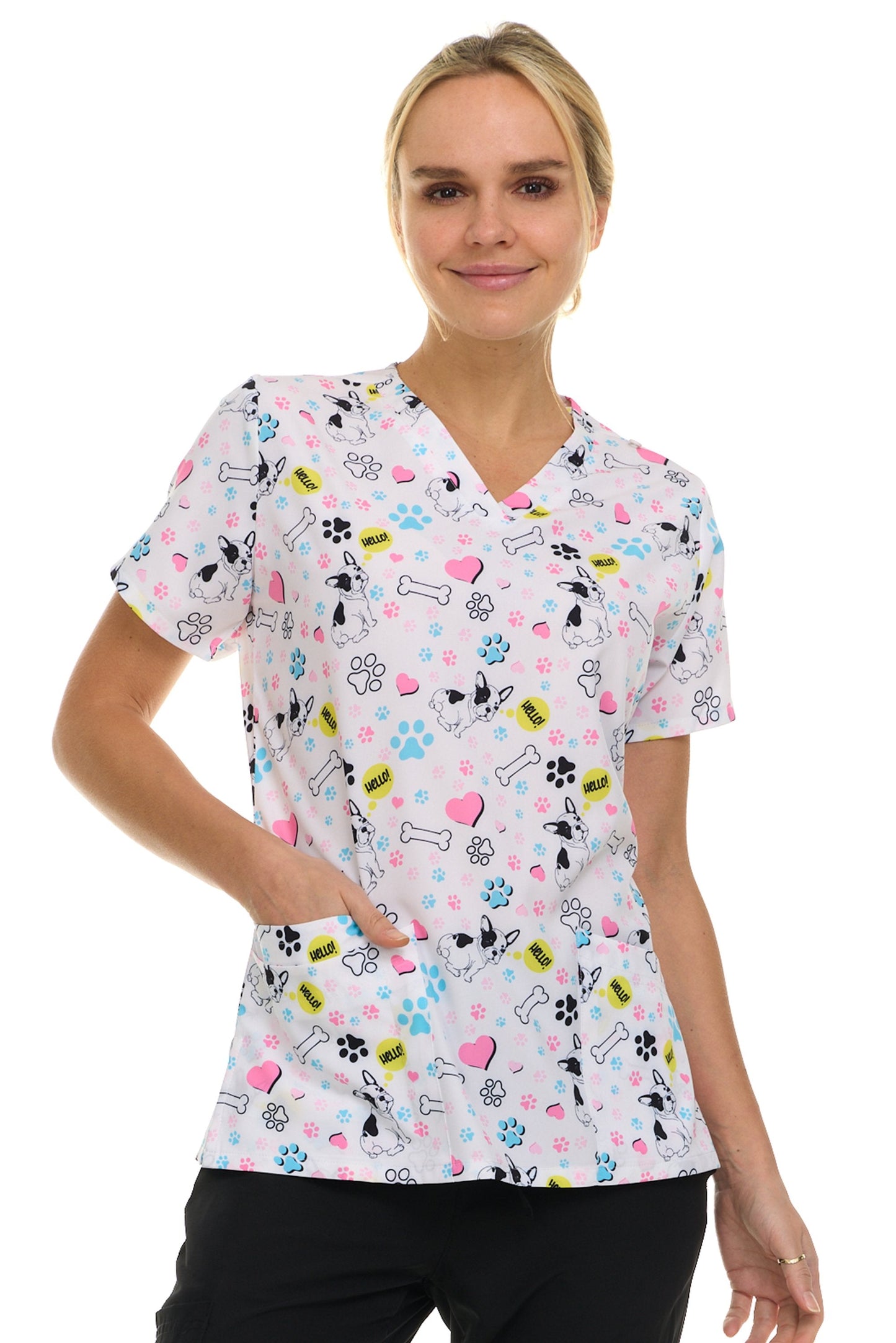 Medichic Kendall Hello Paws Printed V-Neck Scrub Top