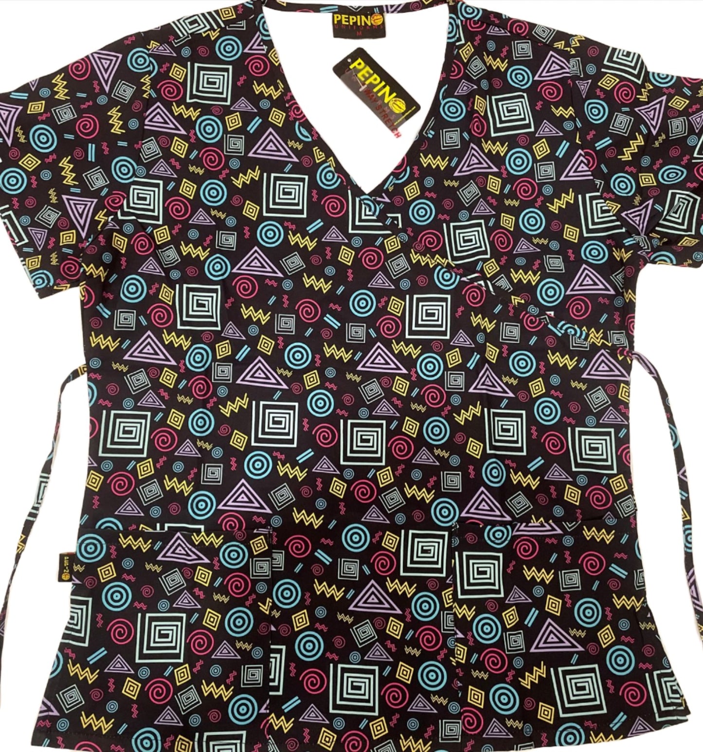 Pepino Uniforms Printed Pink Swirly Mock Wrap Scrub Top