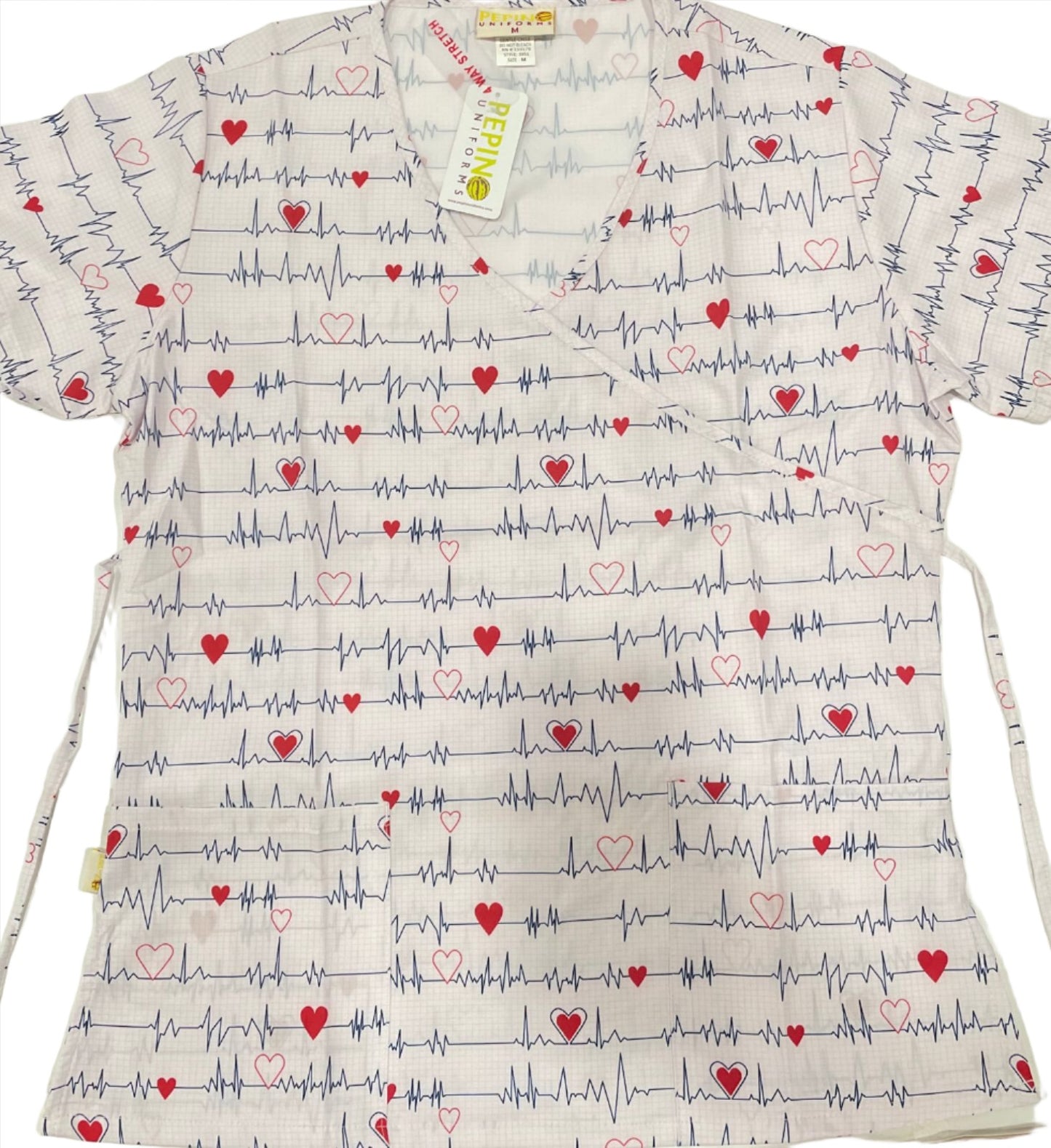 Blusa quirúrgica cruzada con estampado de electrocardiograma de color azul de Pepino Uniforms