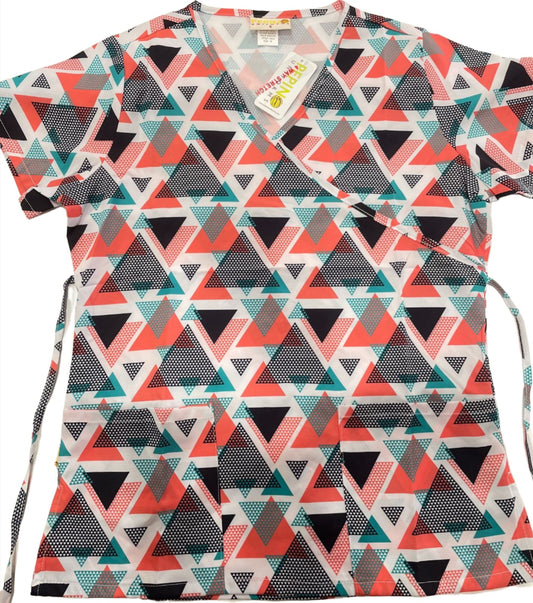 Pepino Uniforms Printed Linked Triangles Mock Wrap Top