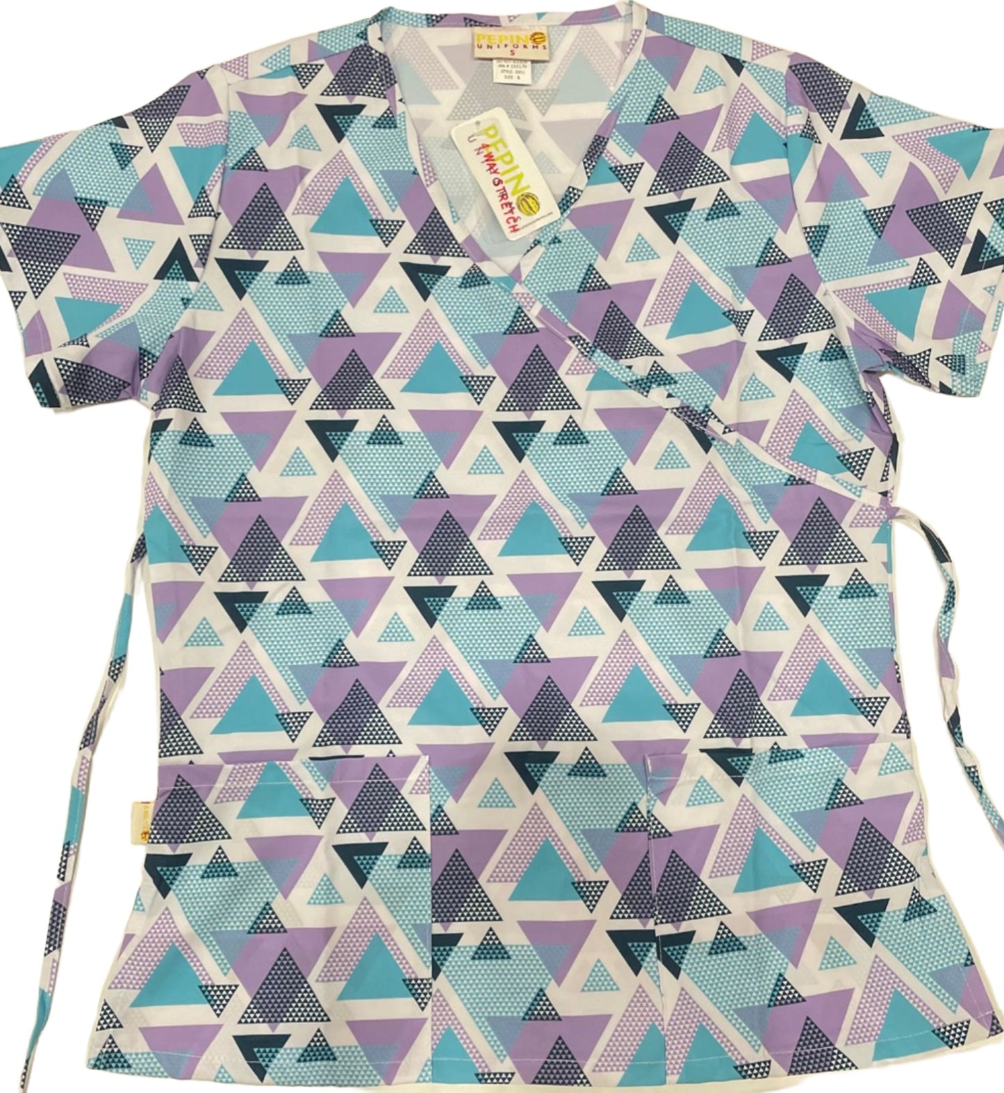 Pepino Uniforms Printed Lavender Linked Triangles Mock Wrap Top