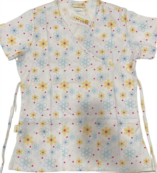 Pepino Uniforms Printed White Daisy Mock Wrap Top