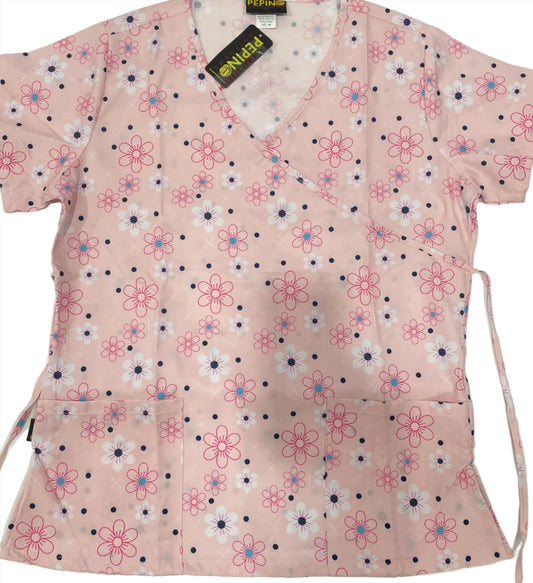 Pepino Uniforms Printed Pink Daisy Mock Wrap Top