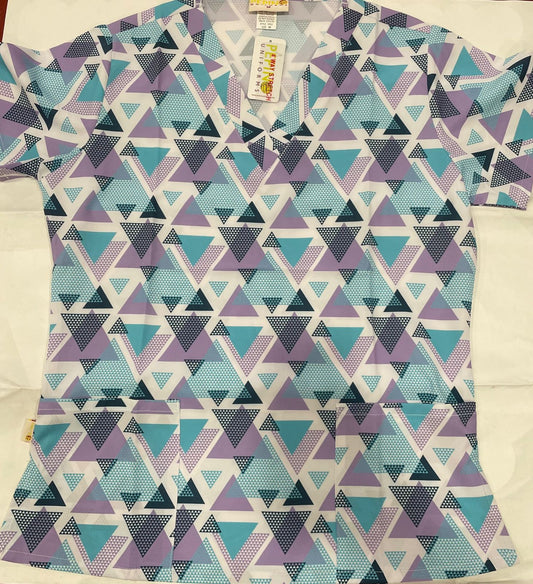 Pepino Uniforms Printed Lavender Linked Triangles V-Neck Top