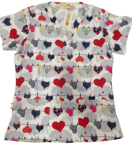 Pepino Uniforms Printed Hanging Hearts V-Neck Top