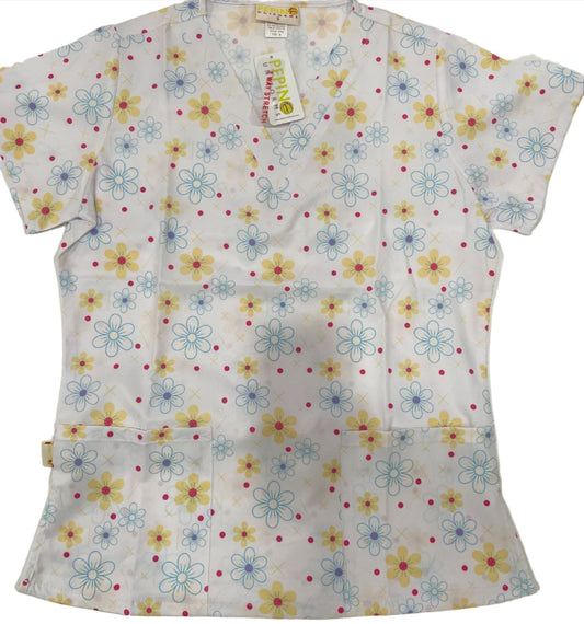 Pepino Uniforms Printed White Daisy V-Neck Top