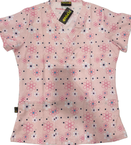 Pepino Uniforms Printed Pink Daisy V-Neck Top