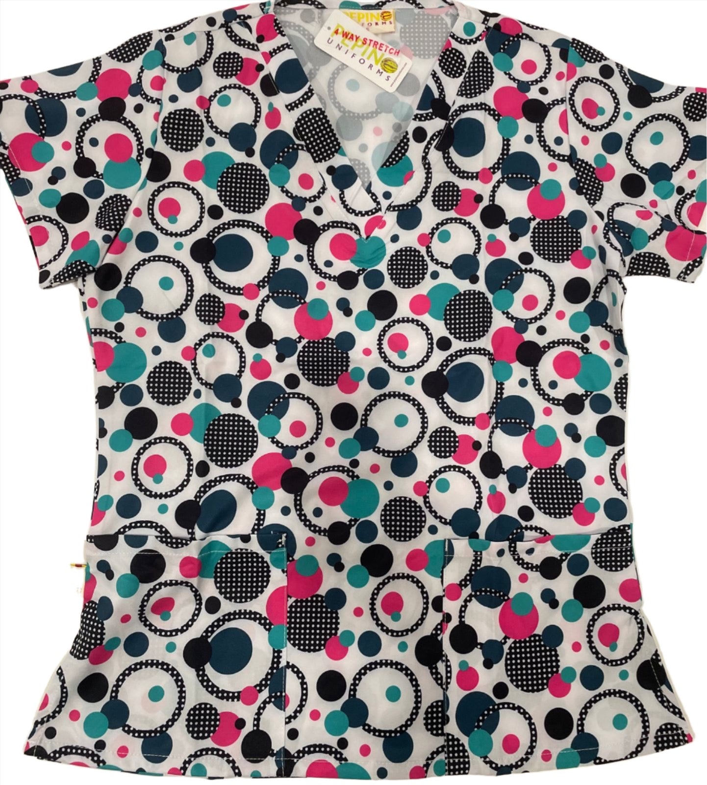 Pepino Uniforms Printed Teal Polka Dot V-Neck Top