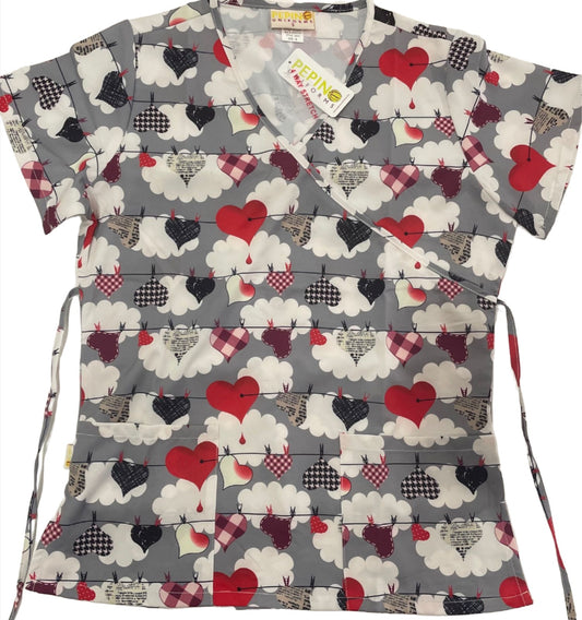 Pepino Uniforms Printed Shaded Hanging Hearts Mock Wrap Top