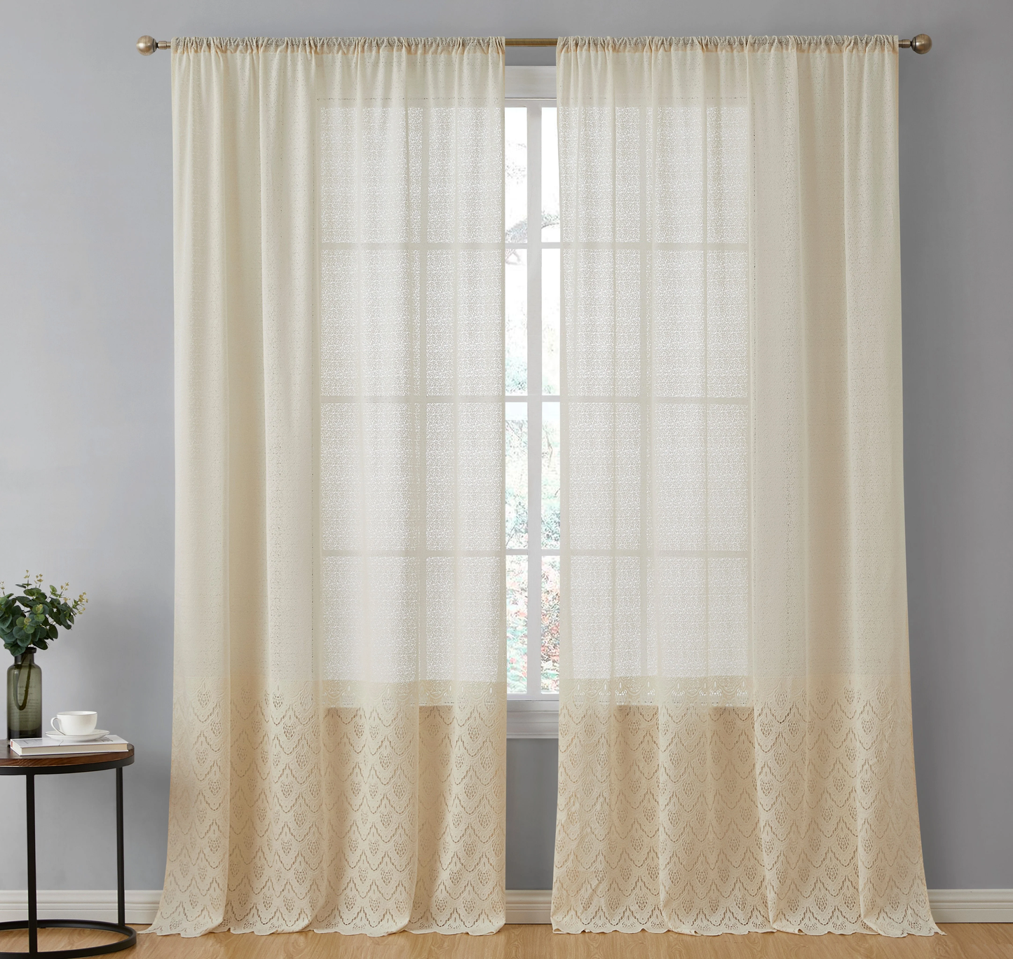 HLC Monaco Macrame Lace Sheer Rod Pocket Curtain Panels