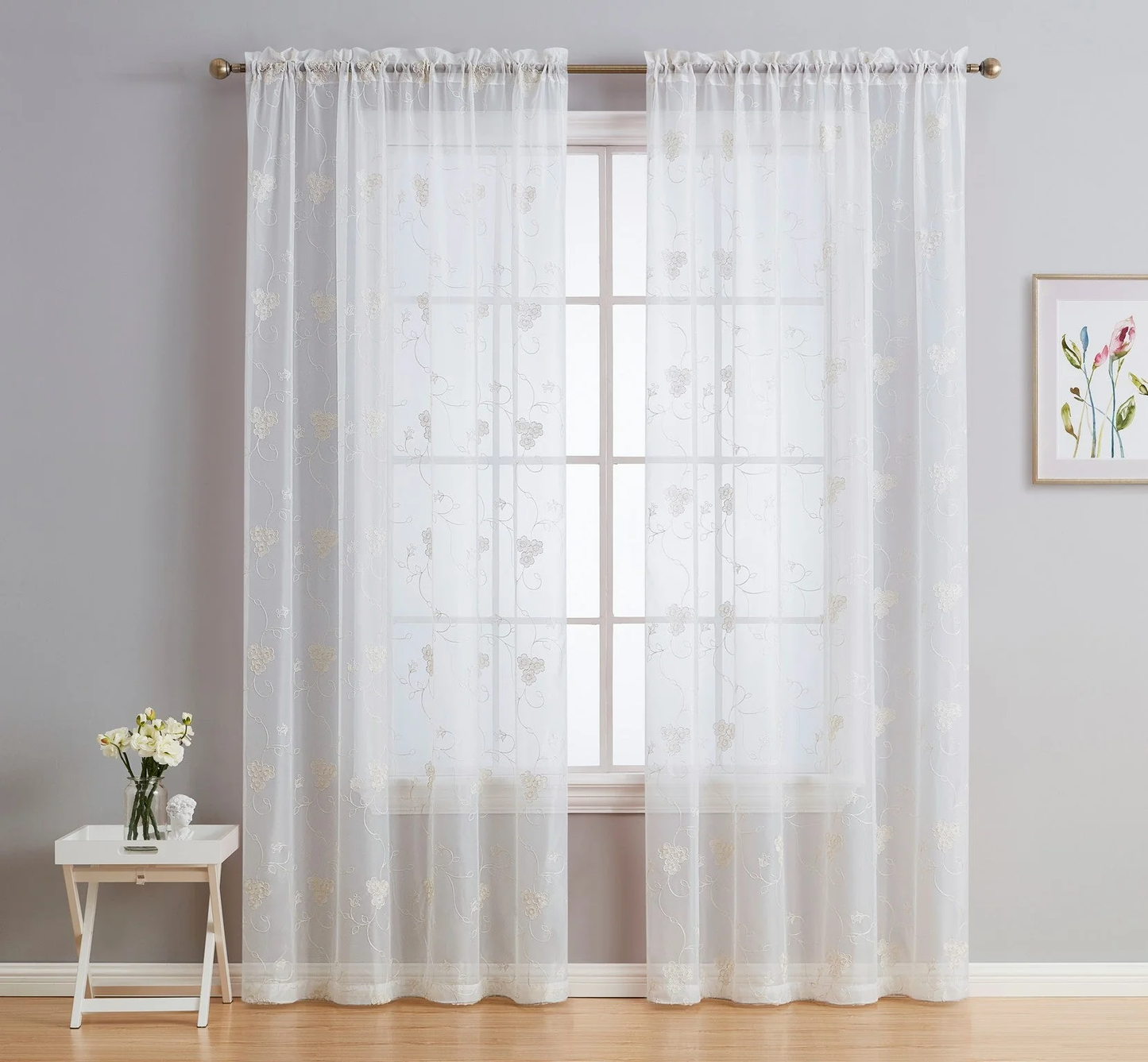 HLC Allegra Floral Embroidered Rod Pocket Sheer Panels Curtain