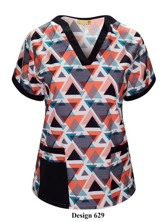 Pepino Uniforms Printed Orange Linked Triangles V-Neck Top